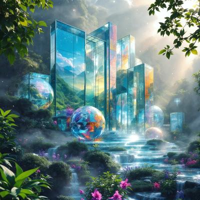 Primary subject: A beautiful, colorful, and imaginative landscape featuring a series of glass balls and spheres, some of which are floating in the air.

Setting/background: The scene is set in a lush, green forest with a waterfall, creating a serene and natural atmosphere.

Visual style: The image is a digital artwork, showcasing the artist's creativity and attention to detail.

Colors and mood: The colors in the image are vibrant and lively, with a predominantly blue and green color palette. The overall mood is one of wonder, tranquility, and enchantment.
